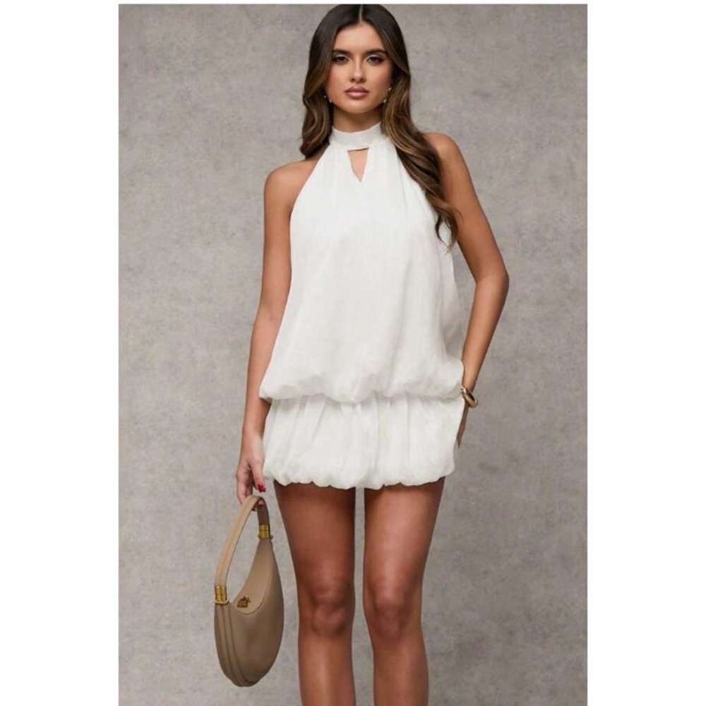 Shein‎ White Halter Neck Romper Dress Women's Small Keyhole Mini Skort Style NWT